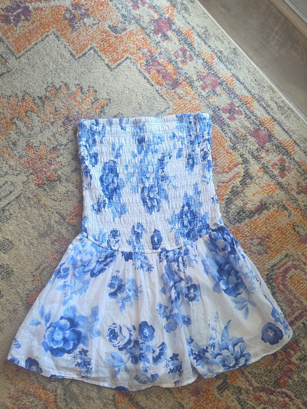 Hollister Smocked Blue White Floral Removable Strapless Dress Small